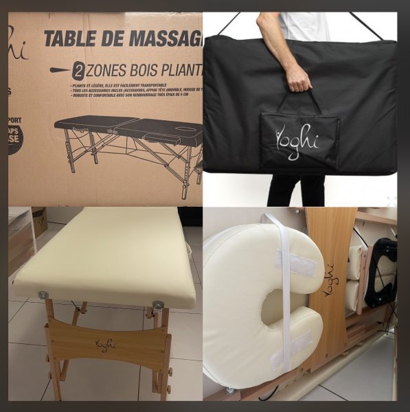 VENDUE Table de massage, housse de transport, matériel et accessoires et livre, tout est NEUF.