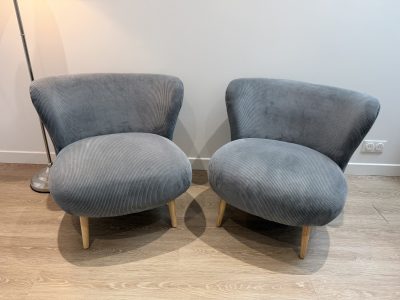 2 fauteuils velours gris cocktail scandinave comme neuf