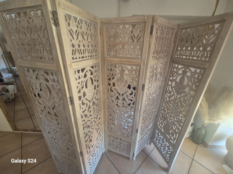 Paravent Bois 5 Panneaux avec Motif Fait Main